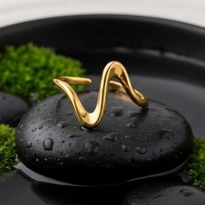 18K Gold Plated Stainless Steel Wave Ring Adjustable Modern Boho Statement